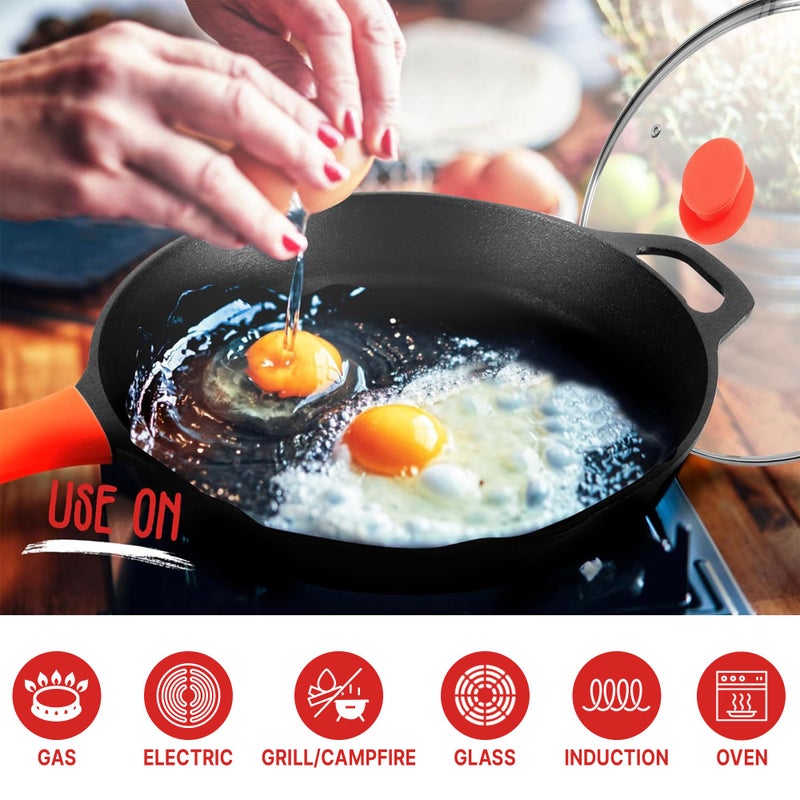 NutriChef 12-Inch Cast Iron Skillet w/Lid - Pre-Seasoned, Oven Safe, Nonstick, Cool-Touch Silicone Handle, For All Cooktops - NCCI12 - Image 4